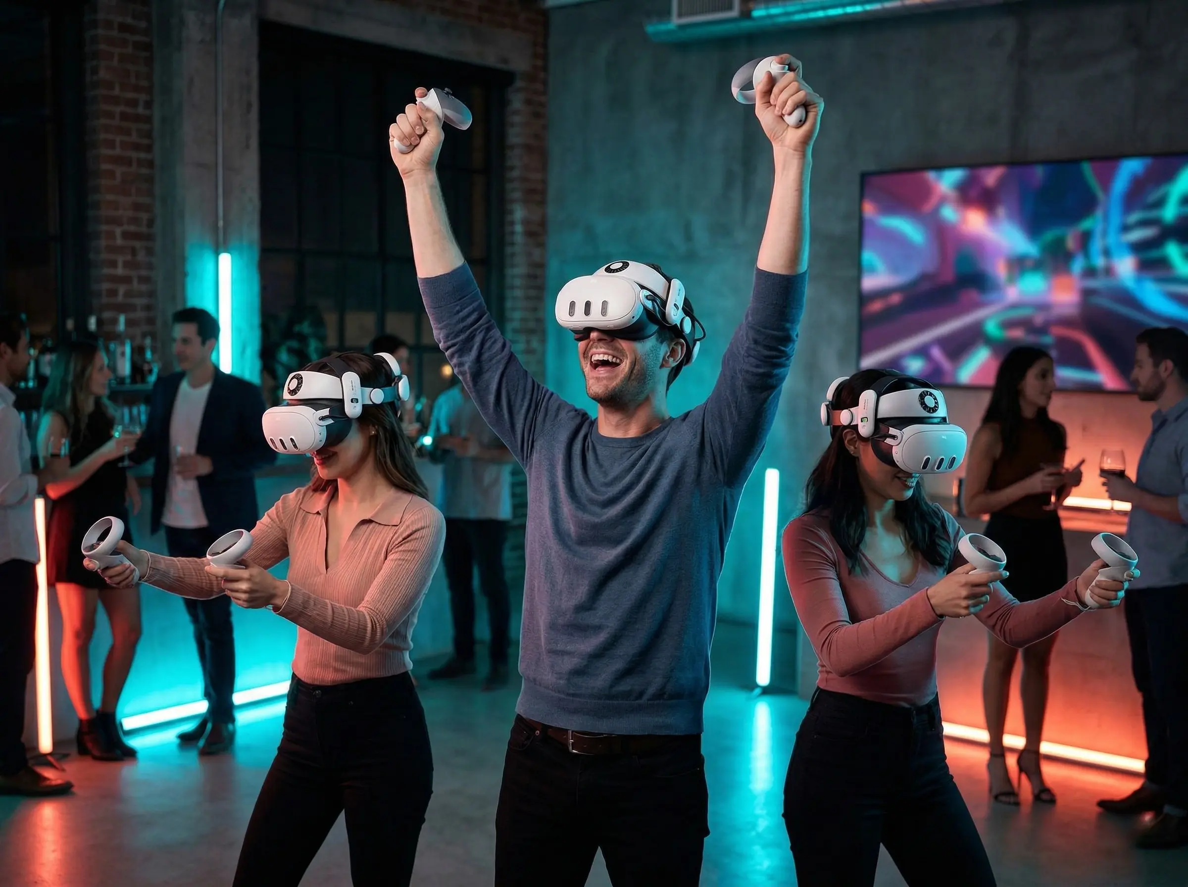 Adults enjoying an intense free-roam VR experience at a party