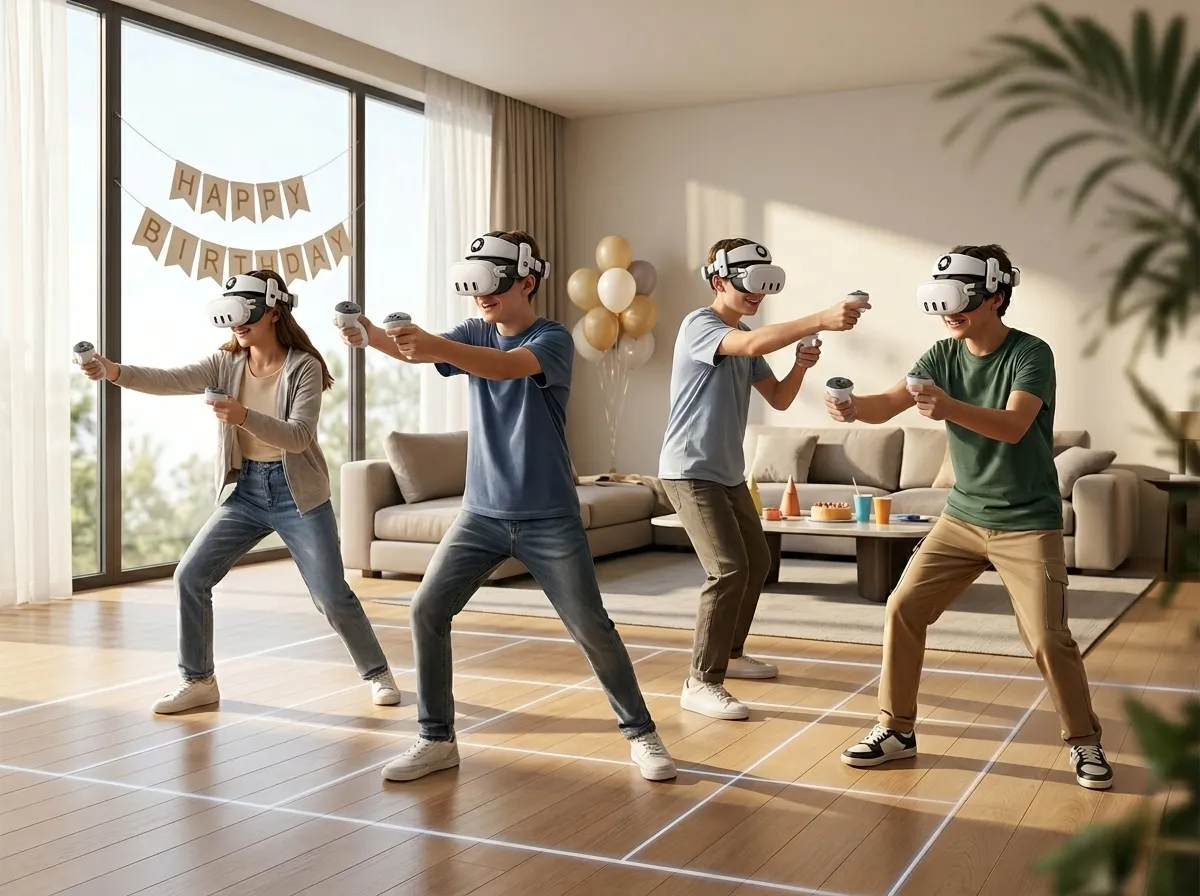 Kids enjoying a VR birthday party with free-roam headsets