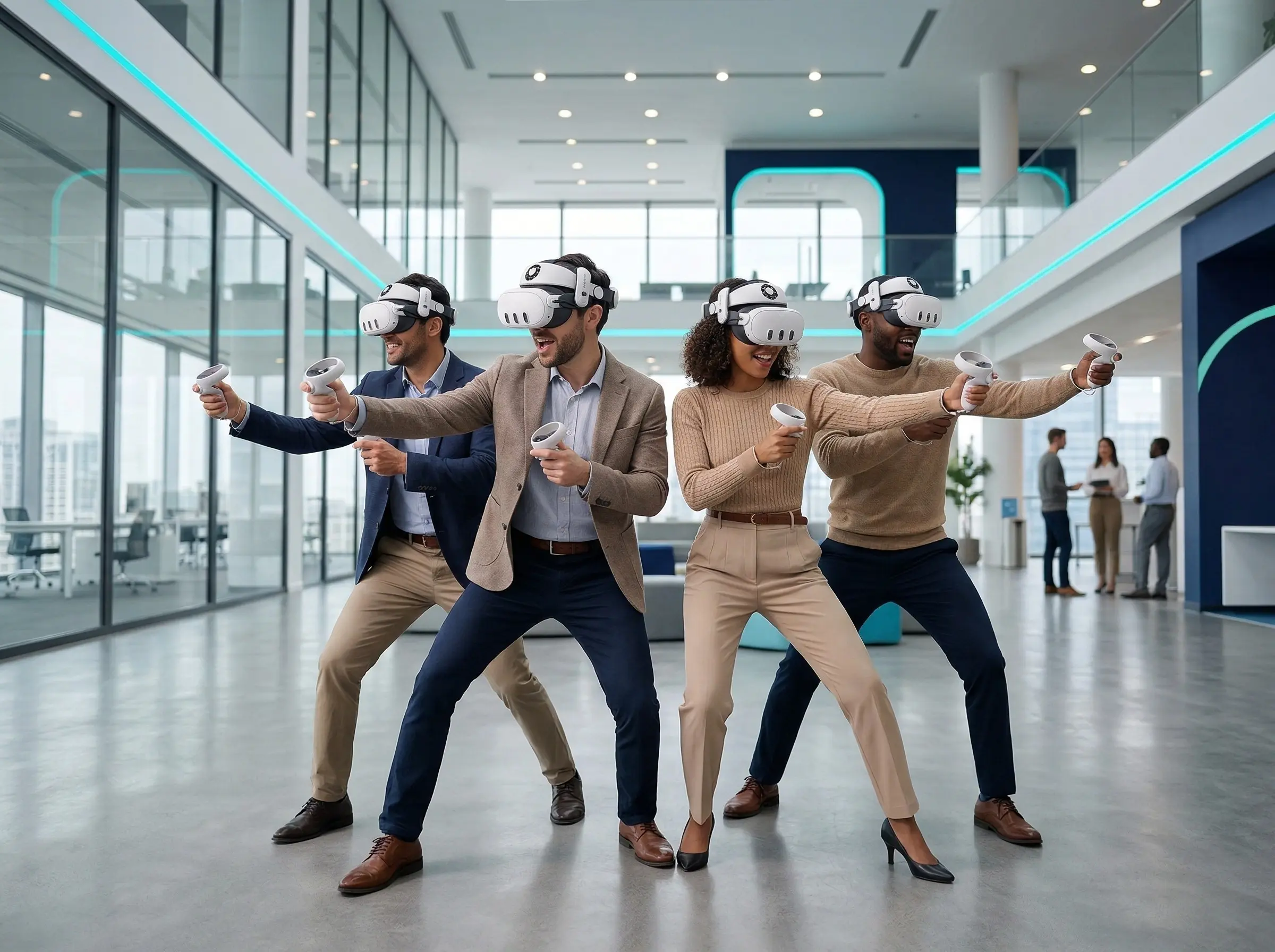 Corporate team using VR headsets for a team building escape room