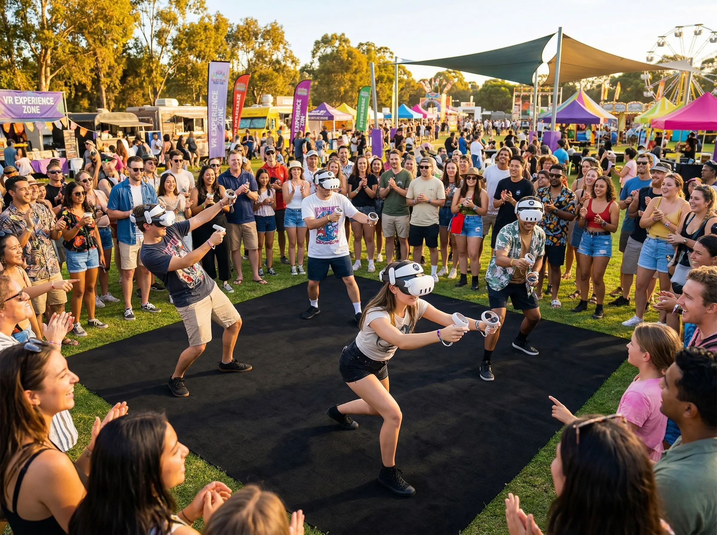 VR arena set up at an outdoor festival with crowds watching